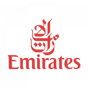 Le logo Emirates sur fond vert représentant le transport et l'aviation.