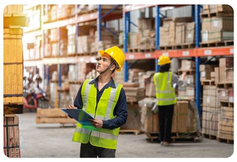 Un employé d'entrepôt tenant un presse-papiers pour la logistique de transport.