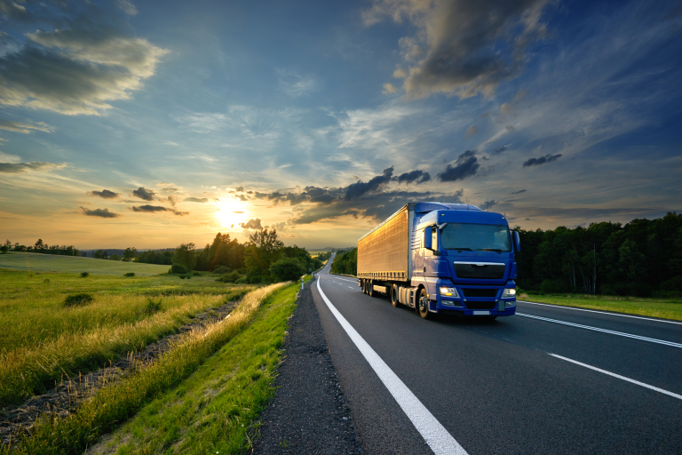 Un camion bleu roulant sur une route.