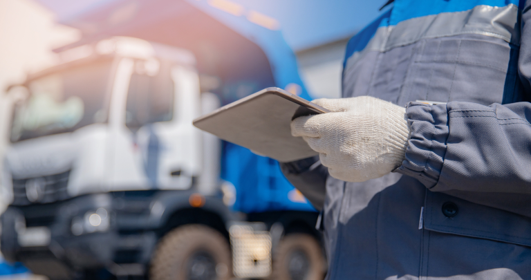Un homme tenant une tablette avec des solutions d'optimisation des coûts pour le transport routier international au Maroc.