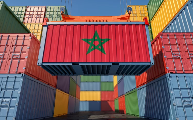 Un conteneur transporteur arborant le drapeau du Maroc.