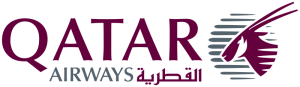 Logo de Qatar Airways comportant le mot « Qatar » en grandes lettres majuscules, une tête d'oryx stylisée et « Airways » en anglais et en arabe en dessous.