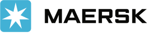 Logo Maersk comportant une étoile blanche à sept branches sur un fond carré bleu, à côté du mot « MAERSK » en lettres majuscules noires et grasses.